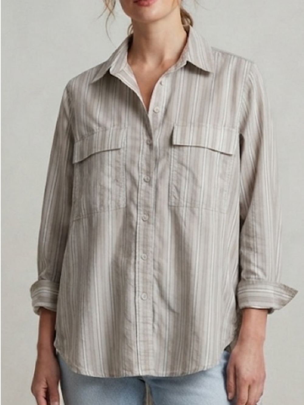 Babaton Aritzia Striped Button Down Long Sleeve Shirt Neutral Taupe Size Medium
